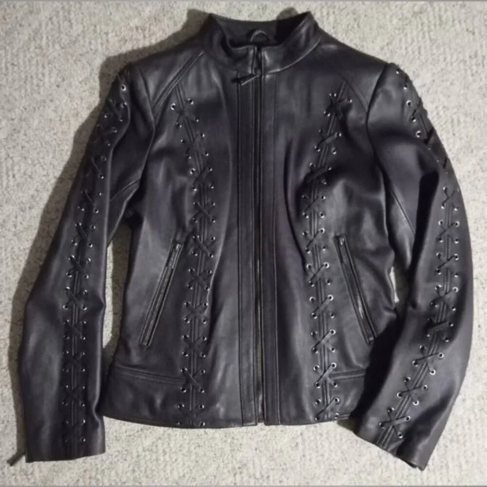 stunning! Michael Kors purple LEATHER jacket Coat size medium moto style